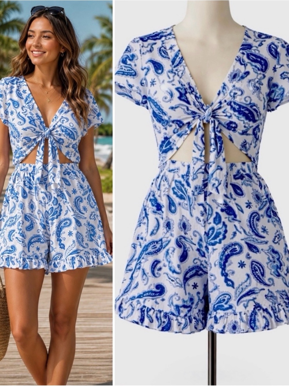 Show Me Your Mumu Riviera Tie Front Blue Paisley Romper Size Medium